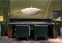 Benao table 250x250 h.73, chair Summer arms 67x57 h.70 Vert (A) – Plume Glacé (A), hanging lamp Bell Ø120 h.30