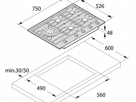 Газовая варочная панель Asko HG1776SB - схема встраивания